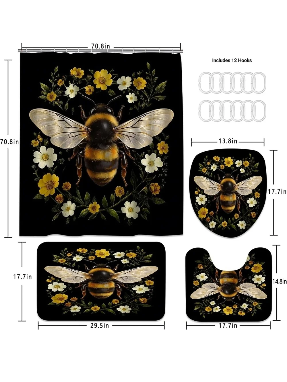 Bee Floral Black Shower Curtain and Bath Set